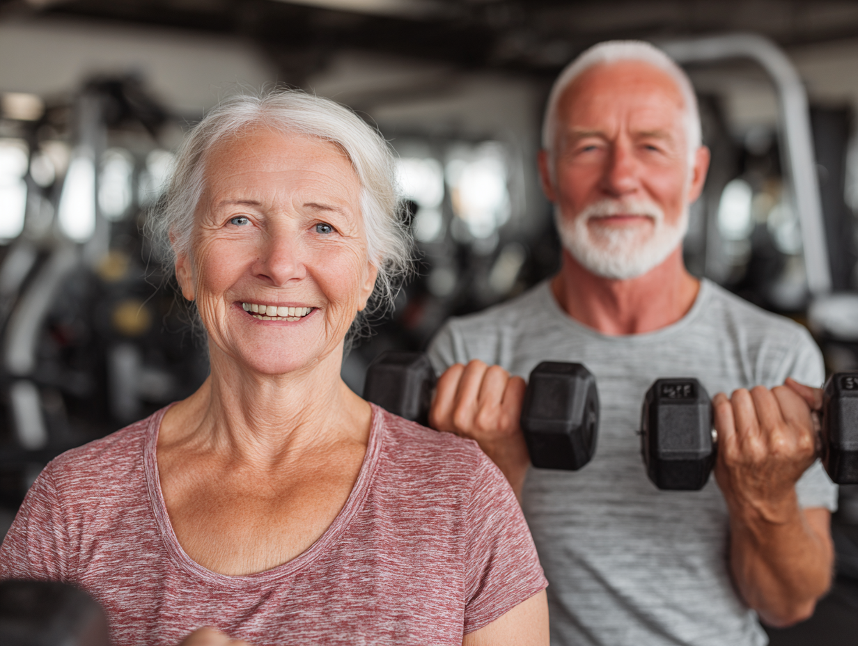 Активні люди старшого віку займаються йогою на природі